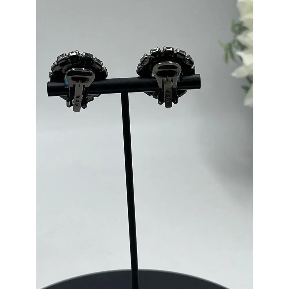 Kenneth Jay Lane Vintage Aquamarine Color Button Clip Gunmetal Earrings - Picture 5 of 12